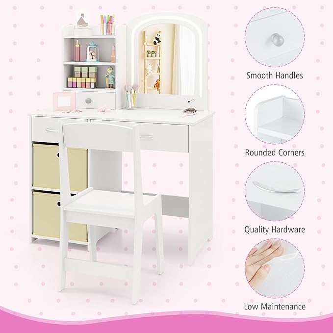 GLACER Kids Vanity Table and Chair Set, Princess Makeup Vanity Desk with 5 Drawers, Open Shelves, Mirror, 2-Color LED Lights, Wooden Toddler Vanity, Pretend Play Vanity Set for Little Girls (White)