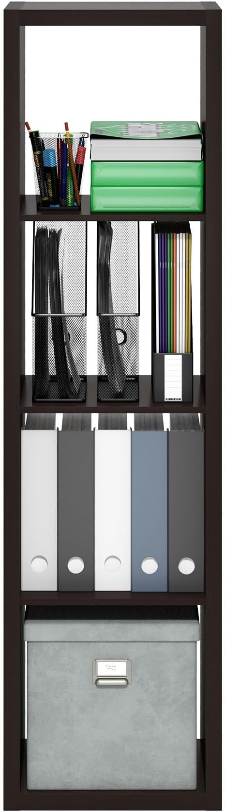 Furinno CUBICLE Book Shelf, 4-Cube Vertical Thick Frame Bookshelf, Horizontally & Vertically Reversible Bookcase with Open Back, 14.6 x 15.9 x 58, for Living Room, Bedroom, Home Office, Black Dark Oak