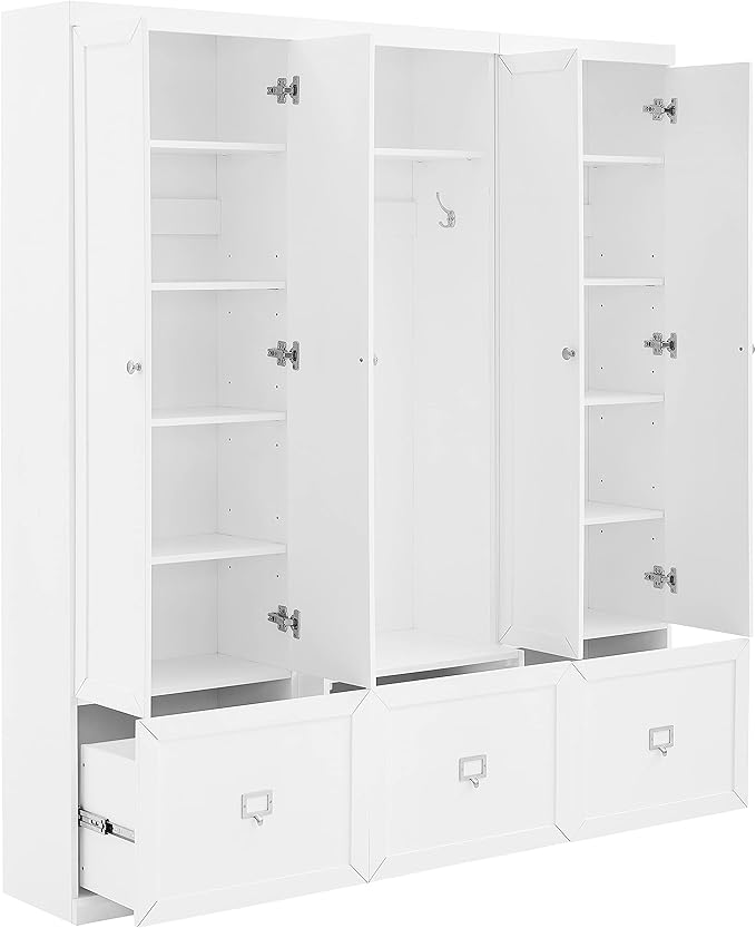 Crosley Furniture Harper 3-Piece Hall Tree and Storage Cabinet Set with Entryway Bench and Hooks for Hanging, White