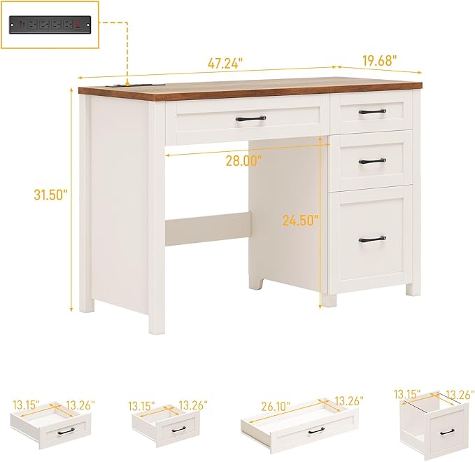 Farmhouse 47" Executive Desk, Computer Desk with File Drawer and Charging Station, Workstation for Study, Home Office, Unique White.