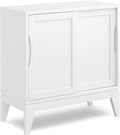 SIMPLIHOME Harper Storage Cabinet - 30 inch Wide Solid Hardwood 2-Shelf Low Console Cabinet in White, Mid-Century Modern Cupboard for Living Room with Sliding Doors and Adjustable Shelves