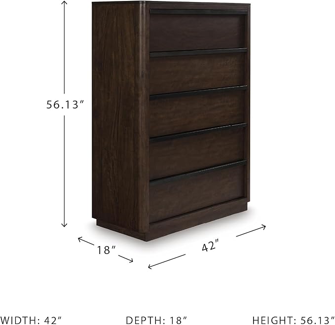 Signature Design by Ashley Kendamor Contemporary 5-Drawer Chest with Felt-Lined Top Drawer and Easy Glide for Bedroom, Dark Brown