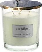 Pecksniffs Classic Gardenia & White Peach Scented Candle | 3 Wicks Luxury Candle in Elegant Glass Vessel with Metal Lid | Gardenia Scented Candles | 550g/19.4oz