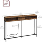 VASAGLE 55.1-Inch Console Table with Outlet and Shelves, Sofa Table with Charging Station, Behind Couch Table Skinny, Entryway Table for Hallway, Living Room, Rustic Brown and Ink Black ULNT120K01