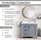 Hanover Ambridge 36'' Vanity Cabinet with Sink Combo for Bathroom, Powder Room | Pre-Assembled Cabinet | 1 Door, 3 Drawers | Artificial Stone Countertop, Gray Cabinet