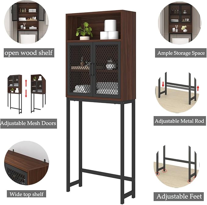Launica Over The Toilet Storage Cabinet, Bathroom Organizer Over Toilet, Wood Metal Industrial Bathrooms Space Saver Shelf, Freestanding Bathrooms Cabinet Above Toilet wtih Rack, Walnut