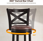 COSTWAY Bar Stools Set of 4, 30" Swivel Bar Height Bar Chairs with Copper Nails, Upholstered Seat, X-Shaped Backrest, Solid Rubber Wood Frame, for Kitchen Island Pub Bar
