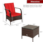 COSTWAY 3 Pieces Patio Rattan Furniture Set, Outdoor Conversation Chair Set with Coffee Table & 2 Cushions for Backyard, Porch, Poolside, Lawn, Garden, Red