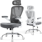 Office Chair Ergonomic Office Chair with Lumbar Support, Head Support, Rocking Function, FILP-up Armrests, Mesh High Back Chair Home Office Desk Chair, Suitable for Home, Office, Grey