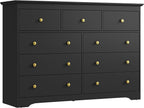 Black Dresser for Bedroom, 9 Drawer Dresser with Large Drawers, 55 Inch Wide Wood Chest for Living Room, Hallway