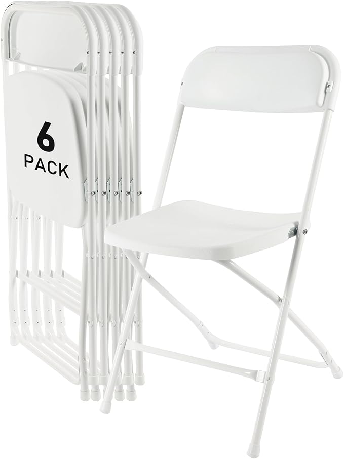 SEALAMB 6 Pack White Plastic Folding Chairs for Indoor Outdoor, Portable Commercial Seat with Steel Frame for Home Office Wedding Party Events, 350lb Capacity (White-Plastic, 6 Pack)