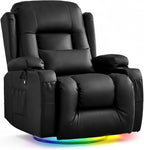 URRED Rocker Recliner Chair for Adults, 270° Swivel Glider Reclining Single Sofa with LED Ambient Light, Cup Holders and Side Pockets, Faux Leather Recliner for Living Room or Home Theater, Black