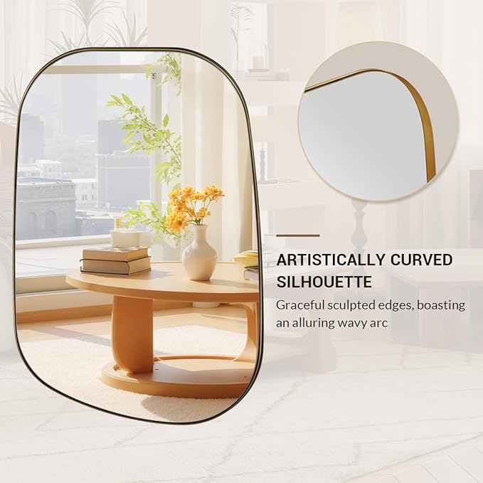 ANDY STAR Gold Bathroom Mirror, 24"x36" Brushed Brass Asymmetrical Wall Mirror in Stainless Steel Metal Frame, Unique Vanity Mirror with Modern Curved Design, Ideal for Bathroom, Bedroom, Entryway