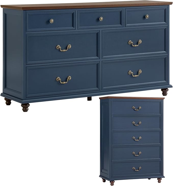 Bedroom Dresser Sets, 54" Wide 7 Drawers Dresser and 45" Tall 5 Drawers Dresser, Wooden 2 Piece Bedroom Furniture Set, Chest of Drawer for Bedroom, Home, Living Room, Hallway, Navy Blue