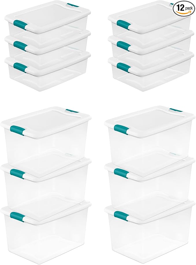 Sterilite 12-Pack Latching Box, Clear Plastic Storage Bins with Lids, 64 & 32 Quart - Heavy-Duty Organizing Containers for Closet and Office