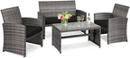 COSTWAY Patio Furniture Set 4 Pieces, Outdoor Wicker Chairs Sofa w/Coffee Table and Soft Cushions, Rattan Conversation Sets for Patio Lawn Backyard Yard Pool Garden, Black