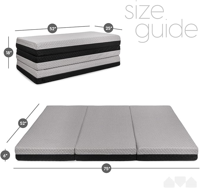 Milliard Dual Sided Premium Tri Folding Mattress, Memory Foam Foldable Mattress with Waterproof Washable Cover + Bonus Eye Mask Included
