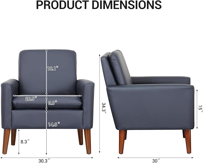 Lohoms Faux Leather Accent Chair for Living Room, Mid-Century Modern Comfy Reading Leisure Chairs for Bedroom, Upholstered Armchair for Apartment/Office/Waiting Room, Wood Legs, Dark Blue