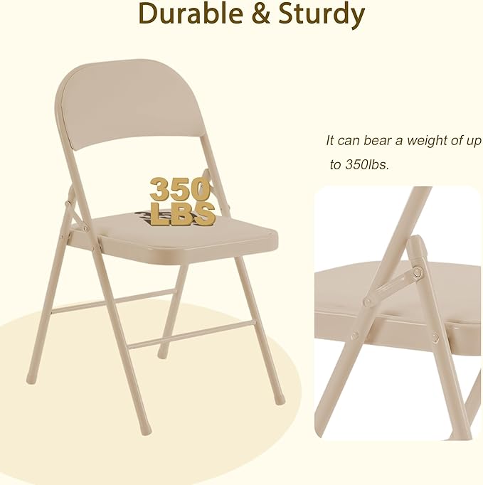 Khaki Folding Chairs 20 Pack with Padded Cushion and Back, Portable Duty Metal Frame Commercial Seat, Foldable Indoor Outdoor Chairs for Office Party Events Kitchen Dinning Wedding, 330-LBS Capacity