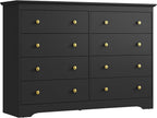Black Dresser for Bedroom, 8 Drawer Dresser with Large Drawers, 55 Inch Wide Wood Chest for Living Room, Hallway