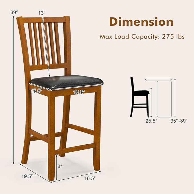 COSTWAY Bar Stools Set of 4, 25.5” Counter Height Bar Stool with Backrest, Padded Seat, Footrest & Rubber Wood Frame, for Kitchen Island, Pub & Restaurant (4)