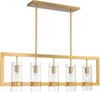 Possini Euro Design Camden Brass Island Linear Pendant Chandelier 42" Wide Modern Open Rectangle Frame Clear Glass Tube Shades 5-Light Fixture for Dining Room House Foyer Kitchen Entryway Bedroom