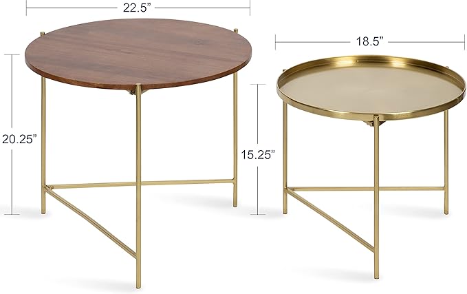 Kate and Laurel Ulani Modern Nesting Coffee Table; Set of 2; Walnut and Gold; 22.5 x 20.25; Decorative Sophisticated Mango Wood and Metal End Tables for Display and Storage