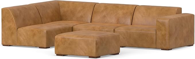 SIMPLIHOME Rex Left Corner Sectional Modular Sofa and Ottoman Set in Full-Grain Genuine Leather, Sienna, 116-inch-wide L-Shaped Leather Sofa and Matching 34-inch-Wide Table Ottoman for Living Room