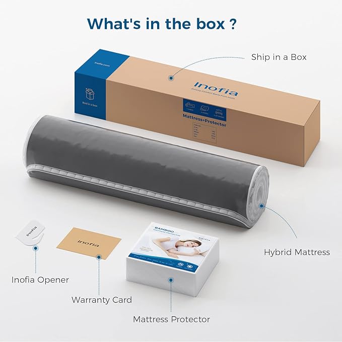 Inofia 12 inch King Mattress Hybrid with Waterproof Rayon Mattress Protector Included, Medium Firmness Cool Bed for Ultimate Support, Motion Isolation for Any Sleepers, King Size Mattresses