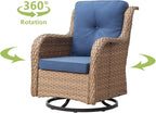 HUMMUH 3-Piece Swivel Rocking Rattan Chair Outdoor, Patio Bistro Furniture Conversation Set, Cushioned Wicker Chair with Glass Coffee Table(Yellow,Blue)