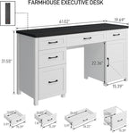 Farmhouse 61" Executive Desk with 5 Drawers,Rustic Office Computer Desk with Charging Station,File Drawers and Storage Cabinet, Wood Workstation for Home Office and Study, Black.
