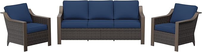 3 Pieces Outdoor Patio Conversation Furniture Set - 75" 3-seat Sofa | 2 Wicker Chairs, Deep Seat Couch, Removable Cushions, PE Rattan, Metal armrests, Yard (Navy Blue)