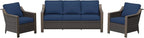 3 Pieces Outdoor Patio Conversation Furniture Set - 75" 3-seat Sofa | 2 Wicker Chairs, Deep Seat Couch, Removable Cushions, PE Rattan, Metal armrests, Yard (Navy Blue)
