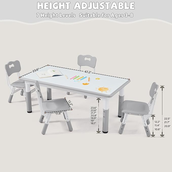 Adjustable Kids Table Chairs Set – Graffiti Desktop, Multi-Activity Height-Adjustable Toddler Study Desk for Ages 3-8 – Ideal for Home, Classroom, Daycare (B-Gray, 4 Chairs-47.2" L x 23.6" W)