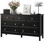 LYNSOM Black Dresser for Bedroom with 7 Drawers, Modern Wide Chest of Storage Drawer with Gold Handles, TV Stand Dresser, Wood Dressers for Bedroom, Living Room, Hallway, Entryway, 55’’