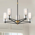 Possini Euro Design Nyack 25" Modern Pendant Chandelier Ceiling Light Fixture Dining Room Over Table Kitchen Island Foyer Open Frame Hanging 5-Light Black Gold Finish White Glass Hallway Entryway