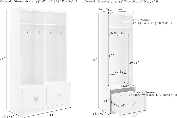 Crosley Furniture Harper 2-Piece Hall Tree Entryway Set with Storage Bench and Coat Rack Hooks for Hanging, Gray