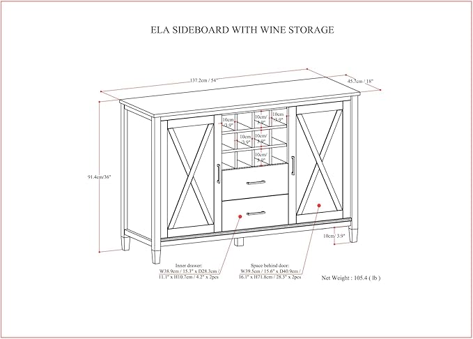 SIMPLIHOME Ela Solid Wood and Pine 54 inch x 18 inch Rectangle Transitional Sideboard with Wine Storage in Smoky Brown for The Dining Room and Kitchen
