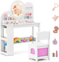 Costzon Kids Vanity, Girls Vanity Set with Lighted Mirror, Bookshelf, Drawers, Hooks & Storage Shelves, Toddler Makeup Vanity Desk Dressing Table, Wooden Kids Vanity Table and Chair Set (White)