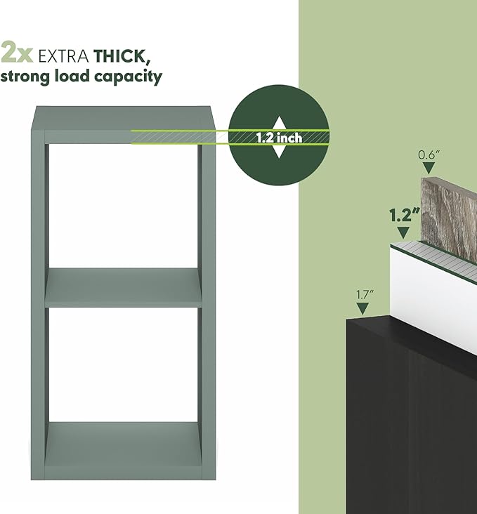 Furinno Cubicle Book Shelf, 2-Cube Thick Frame Bookshelf, Horizontally & Vertically Reversible Bookcase with Open Back, 14.6" x 15.9" x 30", for Living Room, Bedroom, Home Office, Sage Green