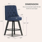 MINCETA Set of 2 Upholstered Bar Stools - 26 Inch Swivel Counter Height Stools with Low Tufted Back, Footrest & Performance Fabric - Round Seat for Kitchen Island & Home Bar Blue