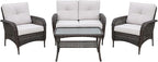 COOS BAY Vintage Courtyard Patio Furniture Set, Wicker Outdoor Furniture, Patio Conversation Sets, 2 Chairs, Loveseat and Coffee Table, 4 Pieces, Gray/Beige