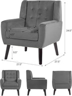 Accent Chair, Mid-Century Modern Velvet Fabric Chairs with Arms for Living Room, Comfy Upholstered Club Single Sofa Armchair for Bedroom Waiting Room with Solid Wood Frame (Velvet Grey, Set of 1)