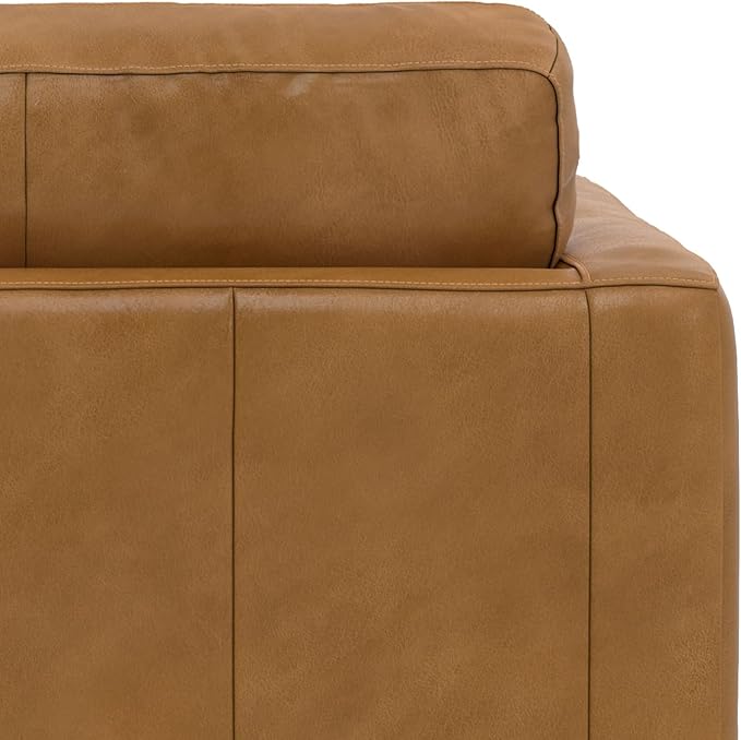 SIMPLIHOME Morrison Accent Chair - 43 inch Wide Upholstered Top Grain Genuine Leather Mid-Century Modern Arm Chair with Solid Wood Frame in Sienna, for Living Room or Bedroom with 2 Bolster Pillows