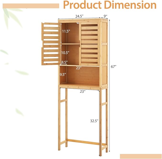 Tangkula Over The Toilet Storage Cabinet, Bamboo Bathroom Space Saver with 2 Doors, Adjustable Bottom Bar, Open Shelf, Freestanding Bathroom Cabinet Organizer Above Toilet for Restroom, Laundry Room