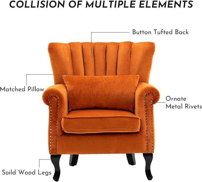 Accent Reading Arm Chairs Midcentury Modern Comfy Corner Sofa Chair, Wingback Waiting Room Club Chair with Tufted Back for Living Room/Bedroom/Reception Room, Velvet Orange
