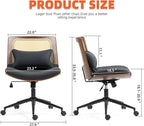 Armless Rattan Office Desk Chair with Wheels, PU Leather Modern Wide Swivel Task Chair, Ergonomic Criss Cross Legged Chair for Meeting Room, Home Office, Black