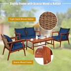 COSTWAY 4 Pieces Acacia Wood Patio Conversation Set, Outdoor Wicker Sofa with Coffee Table & Cushions, Patio Rattan Furniture Set for Yard, Porch, Poolside, Balcony, Backyard, Navy