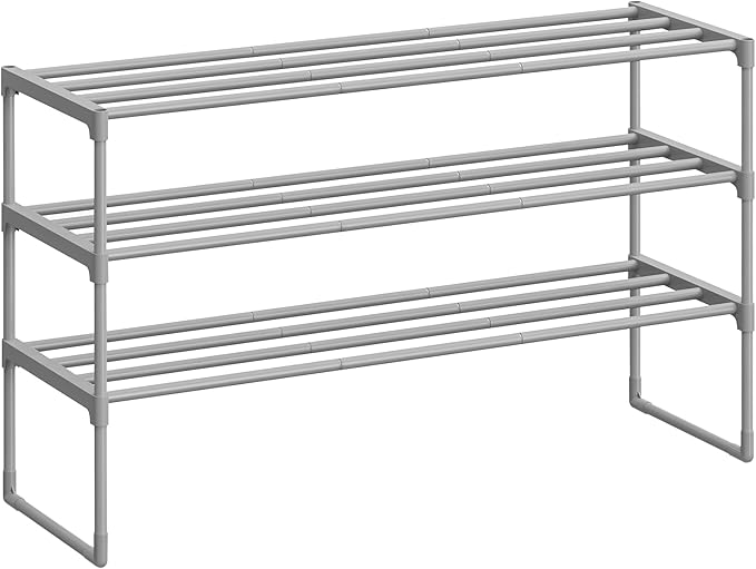 SONGMICS Shoe Rack, 3-Tier Shoe Organizer, Metal Storage Shelf, Upright or Upside Down, for 16-20 Pairs, Stackable, for Entryway, 11.8 x 36.2 x 21.7 Inches, Gray ULSA303G01