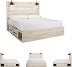 Signature Design by Ashley Cambeck Farmhouse King Panel Platform Bed with 4 Storage Drawers, Cubbies, Sconce Lights and USB Ports, Foundation or Box Spring Not Needed, Whitewash